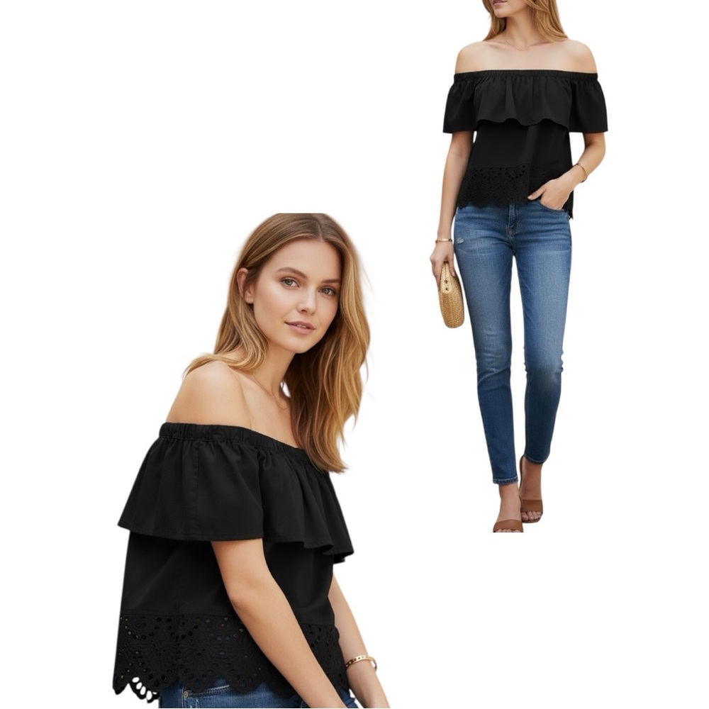Black Off Shoulder Eyelet Ruffle Top Size Medium Boho Chic
